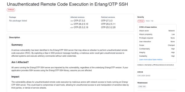 Обнаружена критическая уязвимость в SSH-сервере из Erlang/OTP, позволяющая удалённое выполнение кода без аутентификации