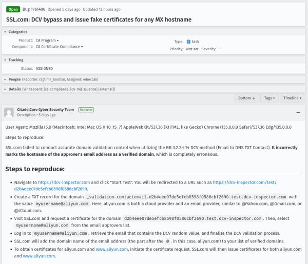 В системе проверки УЦ SSL.com обнаружена уязвимость, позволявшая получить сертификат для чужого домена