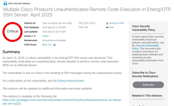 Cisco: в ПО коммутаторов и маршрутизаторов компании присутствует критическая уязвимость в SSH-сервере из Erlang/OTP